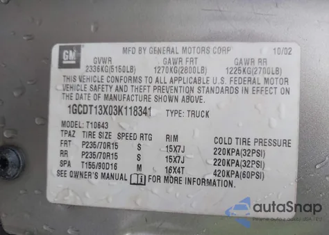 2003 Chevrolet S-10 Ls из США, поврежденный, VIN 1GCDT13X03K118341